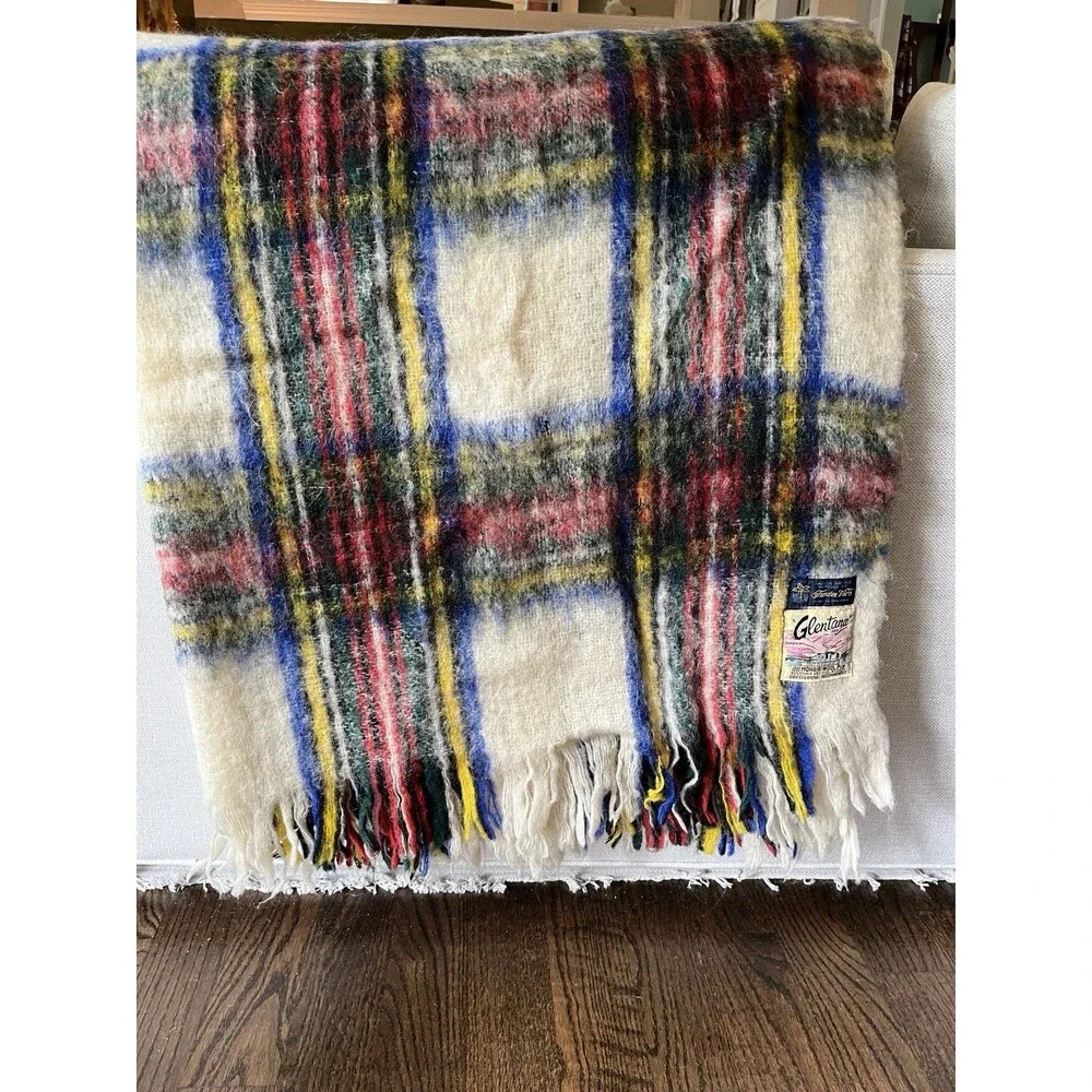 Vintage Glentana Mohair Wool Plaid Throw Blanket Scotland 65x40 Tartan Fringe